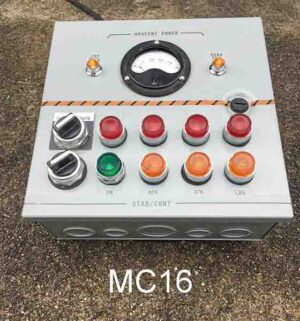MC16-Qty-1.  Grey 10″ x 10″ metal box c/w hinged cover, working switches,meter, lights and cord