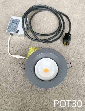 POT30-Qty-60. Grey 5 ½” led pot light c/w cord and 120V power supply. Dimmable, 11 Watts, 3000K colour temperature.