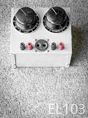 EL103-Qty-1. Grey metal box with dials and wire outlets. 6" W x 5" H x 4" deep.