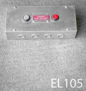 EL105-Qty-1. Aluminum box with red and blue 12 volt lights, and Danger High Voltage sign. 12" x 5"