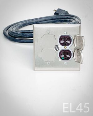 EL45-Qty-9. Floor box with nickel double cover, double box, one plug and cord. 2 plugs can be requested as othe rside left free for other options. 5" x 5"