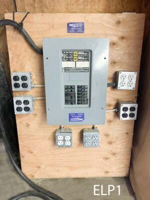 ELP1-Qty-1. Grey electrical panel with 12 duplex receptacles, breakers, and 60' cable that plugs into 50 Amp stove outlet..