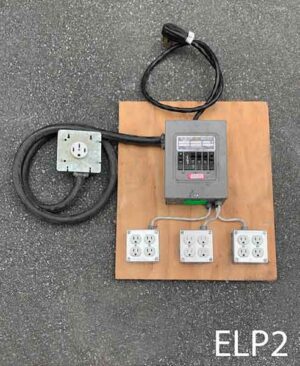 ELP2-Qty-1. Electrical panel that plugs into 50 Amp stove plug with 6 plugs and 50 Amp stove plug outlet.