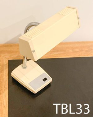 TBL33-Qty-1. Beige vintage desk lamp with on/off switch, adjustable chrome goose neck, tungsten 24 volt Leds and cord. 8 1/2"W x 12"H