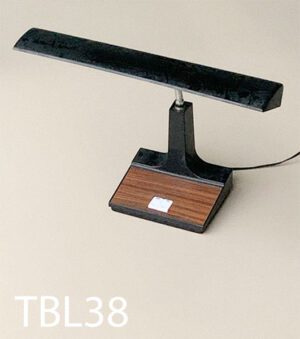 TBL38-Qty-1. Black and wood grain vintage desk lamp with adjustable chrome gooseneck, white switches, tungsten 24 volt Leds and cord. 18"W x 14"H
