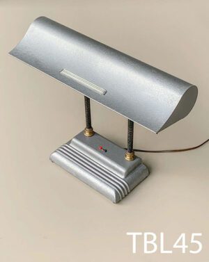TBL45-Qty-1. Grey base vintage desk lamp with black and brass trim, switches , tungsten 24 volt Leds and cord. 20"W x 16"H