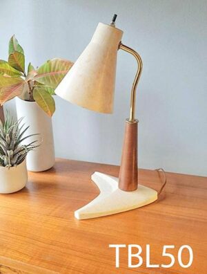 TBL50-Qty-1. Ivory and wood base vintage table lamp with adjustable goose neck, and  fiberglass shade with switch. 16"H medium base bulb