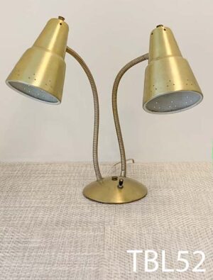TBL52-Qty-2. Metallic gold vintage desk lamp with 2 adjustable goose necks, 2 gold perforated shades, switch, and cord. 18"H medium base bulbs