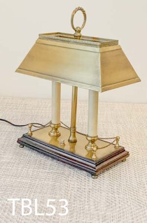 TBL53-Qty-1. Brass and wood vintage desk lamp with switch and cord. 10"W x 14"H Two candelabra sockets