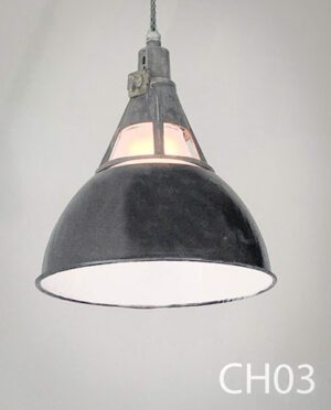 CH03-Qty-1. Black and grey industrial 16" china hat with glass window and cord.