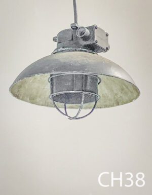 CH38-Qty-8. Brown explosion proof china hat with cage, removable blinder inside cage, and cord. Light can be surface mounted. 14"D