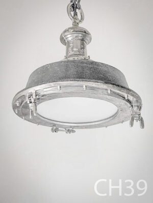 CH39-Qty-6. Metal port-hole pitted front with frosted glass and dark grey back and heavy duty chain c/w cord. 15"D
