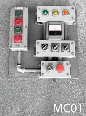MC01-Qty-1.  3 switches that operate 3 coloured lights with voltmeter, stop button and key switch. 14″ W x 16″ H c/w cord