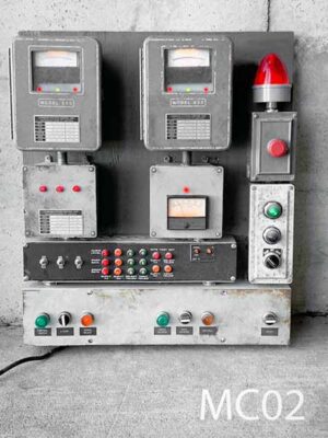 MC02-Qty-1.  Panel c/w indicator lights that turn on with switches, and red flashing light. 3 lit gauges. 24″ X 30″