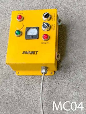 MC04-Qty-2. Yellow hinged control box with 3 lights, two switches and a meter. Green and meter always on, swithches control the red lights. 11"H x 9"W x 5"D