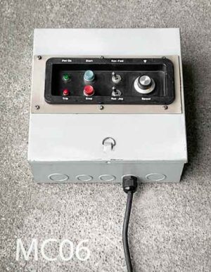 MC06-Qty-1. Grey metal box with green and red switched Leds and cord. 10 1/4" x 10 1/4"