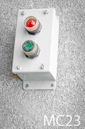 MC23-Qty-1. Grey plastic box with working 120 volt red and green lights. 6" x 3 3/4" x 3"..