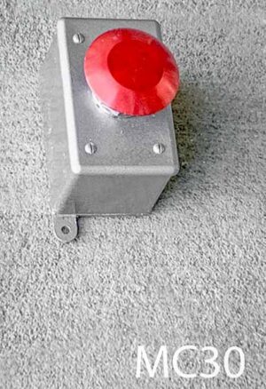 MC30-Qty-1. Grey box with red stop button. 4 1/2" x 3".