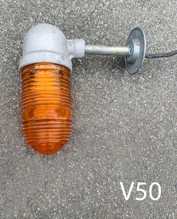 V50- Qty-1. Metal base with amber glass light and cord. 11" H