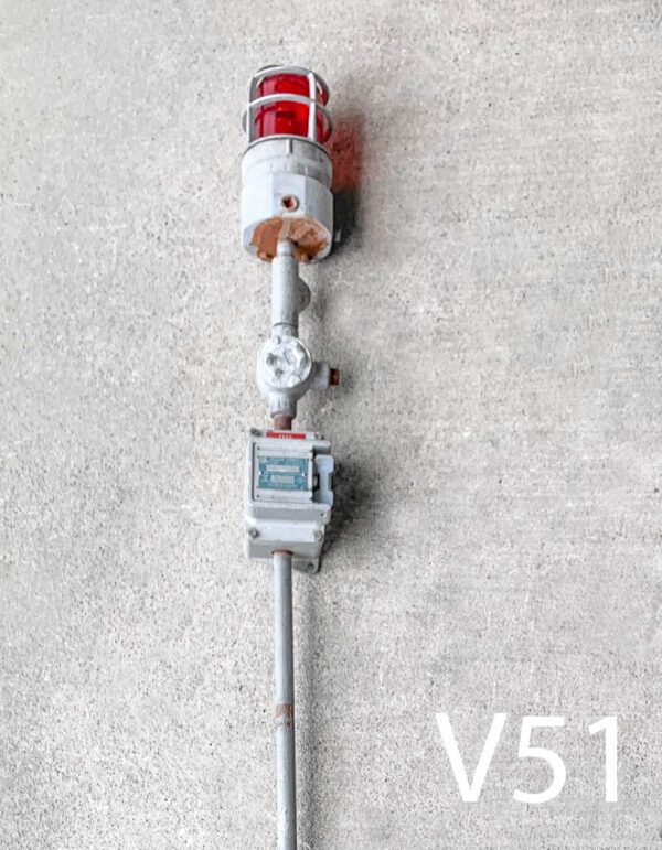 V51-Qty-1. Grey metal base with red light, explosion proof switch, pipe and cord. 66" long.