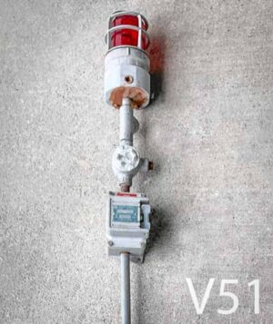 V51-Qty-1. Grey metal base with red light, explosion proof switch, pipe and cord. 66" long.