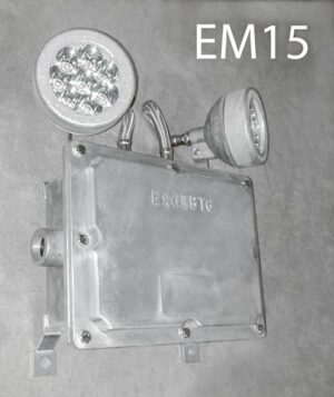 EM15-Qty-12.  Aluminum industrial emergency light c/w 2 heads and LED’s.  12″ x 12″ including heads c/w cord.