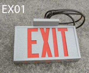 EX01 Qty-6. Grey metal exit light with red letters c/w cord- For ceiling and wall applications.