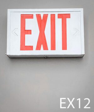 EX12- Qty-4. White metal exit with red letters and cord.