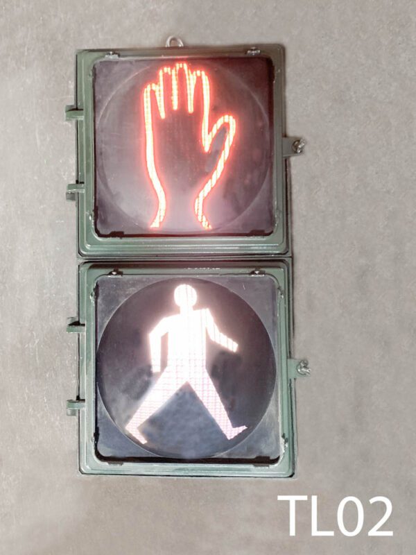 TL02- Qty-2. Crossing street traffic light with red hand and white man. 28"H x 14"W. with 2 cords and hanging hook.