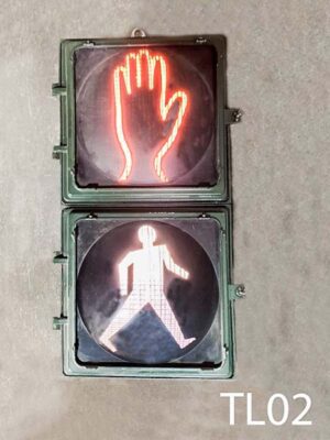 TL02-Qty-2. Crossing street traffic light with red hand and white man. 28"H x 14"W. with 2 cords and hanging hook.