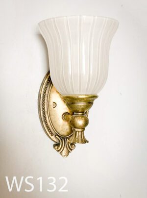 WS132-Qty-2. Brass aged vintage base with white grooved glass 11"H