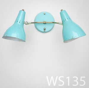 WS135-Qty-1. Electric blue vintage double wall sconce with brass bar. Cord can come out back or bottom of light.