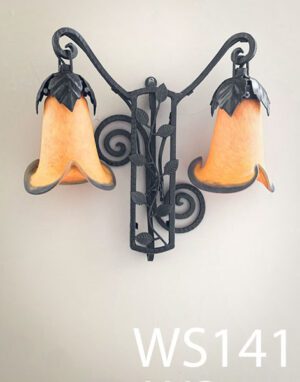 WS141-Qty-2. Black iron base with two orange glass shades.14" H x 14" W