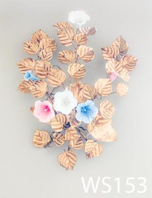 WS153-Qty-2. Wall sconce with gold leaves and coloured flowers, with single candelabra light. 18" H x 14" W