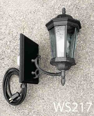 WS217-Qty-3. Black metal carriage light c/w wood mounting back, box and cord 17"H