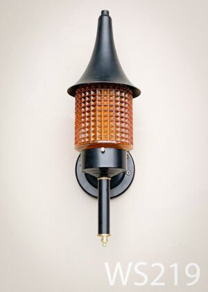 WS219-Qty-1. Black wall sconce with orange glass. 16" H x 4" W.
