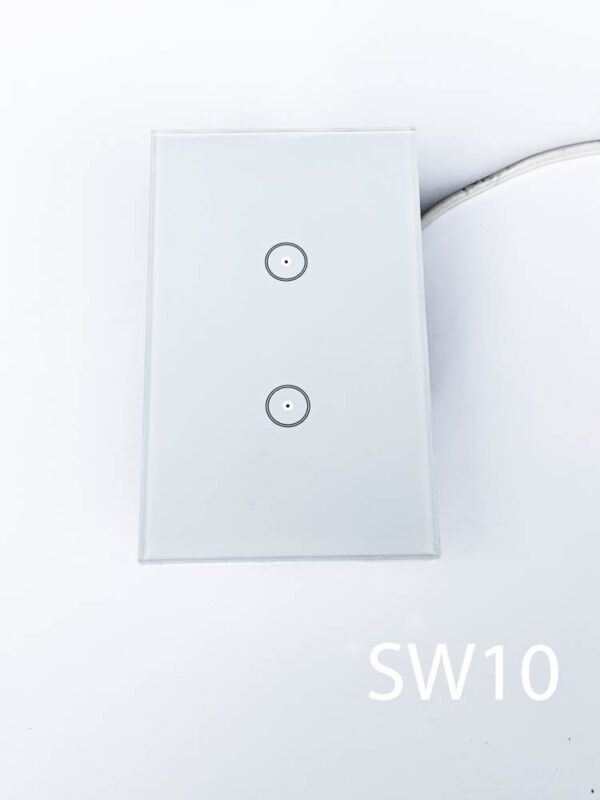 SW10- Qty-6. Wall switches with light green glass front on white plate with two buttons that light when touched, c/w cord.