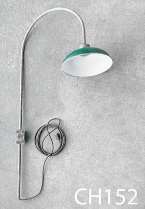 CH152-Qty-1. Dark green 16″ china hat on Bishops hook c/w wall switch and cord. Any China hat with threaded aluminium base can be chosen c/w cord