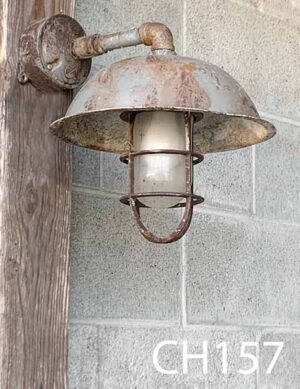 CH157-Qty-4. Grey age 12" china hat on pipe with cage, glass, box, and cord.