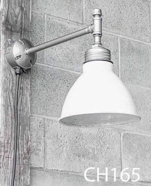 CH165-Qty-8. White 10" china hat on grey metal piping with box and cord. Out 18" to centre.