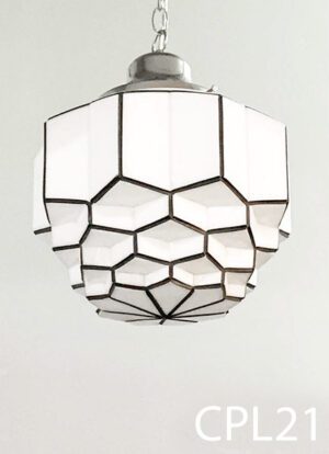CPL21-Qty-2. White and black Art Deco glass shade 12" D x 16"H with CPL54-Qty-3. Silver base and canopy, with chain and cord. Base can be used with all CPL lights