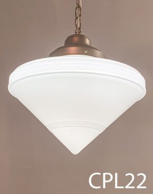 CPL22-Qty-25. White 14" Art Deco glass schoolhouse shade with CPL57-Qty-20. Antique brass base, canopy, chain, and 8' cord. Base can be used with all CPL globes