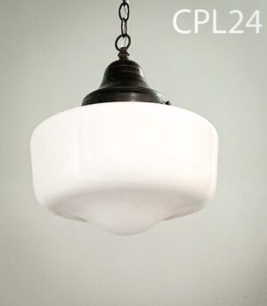 CPL24-Qty-11. White 14" glass vintage schoolhouse shade with CPL51-Qty-8. Brown base and canopy, with chain and cord. Base can be used with all CPL globes