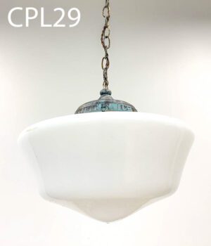 CPL29-Qty-2. White 16" glass vintage schoolhouse 6" collar shade with CPL55-Qty-2. Patina 6" collar base and canopy, with chain and cord. Base can be used with all CPL globes