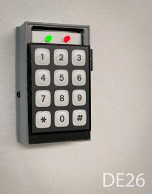 DE26- Qty-1. Grey metal pushbutton keypad with red and green led, 12 volt