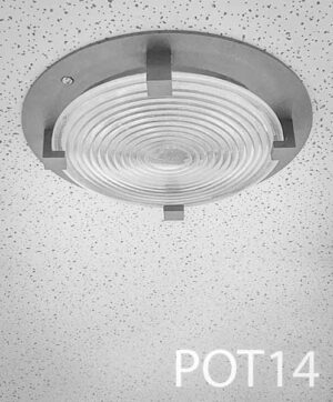 POTL14-Qty-17. Grey metal 8" pot light with Fresnel glass reflector. Lit with 8.5 Watt(60Watts) 3000K leds 12 volt c/w cord.