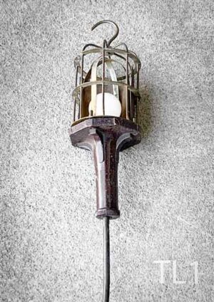 TL1-Qty-1. Brown bake light vintage caged trouble work light. with 20' cord.