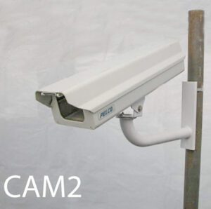 CAM2-Qty-3. White camera 25”L  x 7”W x 5”H c/w wire and adjustable post bracket