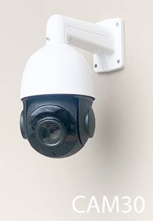 CAM30- Qty-2. White base  with black adjustable security camera c/w power cord. The camera moves for a few seconds when power is turned on. 11" High x 8" out.