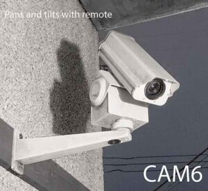 CAM6-Qty-1. White camera sits 28” out from wall and 20”H. This camera has motorized pan and tilt from wired remote control. The control wire is 150’ long.